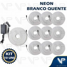 FITA LED NEON FLEXIVEL 8W 12V 3000K(BRANCO QUENTE) 5 METROS IP20 COM FONTE KIT10