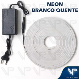 FITA LED NEON FLEXIVEL 8W 12V 3000K(BRANCO QUENTE) 5 METROS IP20 COM FONTE