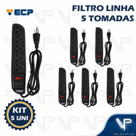 FILTRO DE LINHA  5 TOMADAS 2P+T BIVOLT C/1MT PLASTICO PRETO KIT5