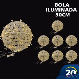 BOLA ILUMINADA EMARANHADA 80LEDS BRANCO QUENTE 127V TRANSPARENTE 30CM KIT8