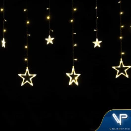 CASCATA 138 LÂMPADAS LED 3000K(BRANCO QUENTE)COM 12 ESTRELAS FIXO 127V FIO TRANSPARENTE 3M