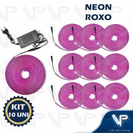 FITA LED NEON FLEXIVEL 8W 12V ROXO 5 METROS IP20 COM FONTE KIT10