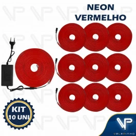 FITA LED NEON FLEXIVEL 8W 12V VERMELHO 5 METROS IP20 COM FONTE KIT10