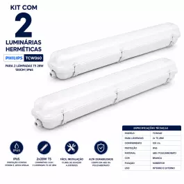 KIT2 LUMINARIA HERMÉTICA BLINDADA IP65 P/2 LÂMPADA T5 E T8