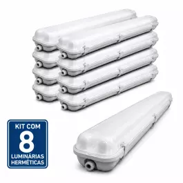 KIT8 LUMINARIA HERMÉTICA BLINDADA IP65 P/2 LÂMPADA T5 E T8