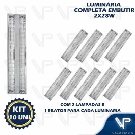 LUMINÁRIA EMBUTIR 120X30CM C/ALETA LÂMPADA E REATOR T5 2x28W 4000K(BRANCO NEUTRO) KIT10