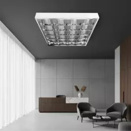 LUMINÁRIA CALHA COMERCIAL SOBREPOR 62X62CM ALETADA COM LÂMPADA T8 36W(BRANCO NEUTRO)BIVOLT