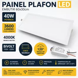 PAINEL PLAFON LED 40W EMBUTIR 60X30CM RETANGULAR 4000K(BRANCO NEUTRO)BIVOLT 