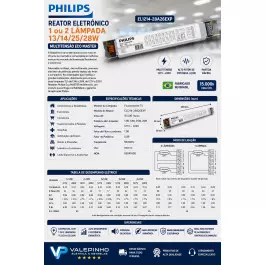 REATOR ELETRÔNICO PHILIPS P/LÂMPADA FLUORESCENTE 1/2x14W 28W MULTITENSÃO