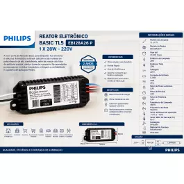 REATOR ELETRÔNICO PHILIPS P/LÂMPADA FLUORESCENTE 1x28W 220V TL5 KIT20