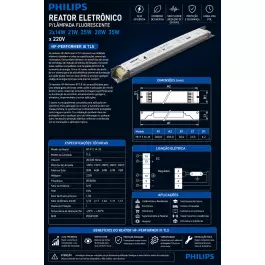 REATOR ELETRÔNICO PHILIPS P/LÂMPADA FLUORESCENTE 2x14W 21W 25W 28W 35W x 220V