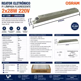 REATOR ELETRÔNICO P/LÂMPADA FLUORESCENTE 2x28W 220V KIT10