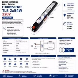 REATOR ELETRÔNICo P/LÂMPADA FLUORESCENTE 2x54W 220V