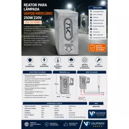 REATOR PARA LÂMPADA VAPOR MERCÚRIO 250W 220V(USO EXTERNO) 
