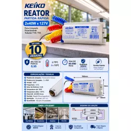 REATOR PARTIDA RÁPIDA P/LÂMPADA FLUORESCENTE 2X40W 127V KIT10
