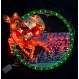 PAINEL CIRCULAR PAPAI NOEL COM RENA 75 LEDS 220V 8 Funções 40cm 